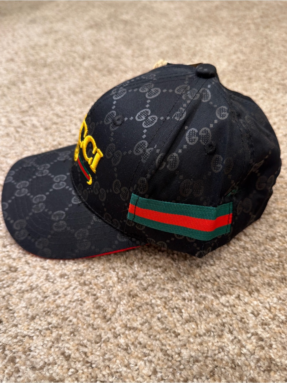 Black Baseball Cap with Yellow Logo and Green-Red Stripe - Picture 2 of 5